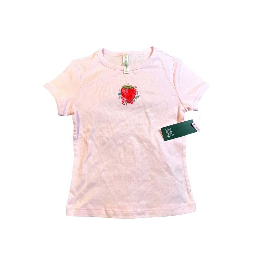 Wild Fable Womens Pink Strawberry Embroidered Baby Tee‎ Sleep Top XS NEW